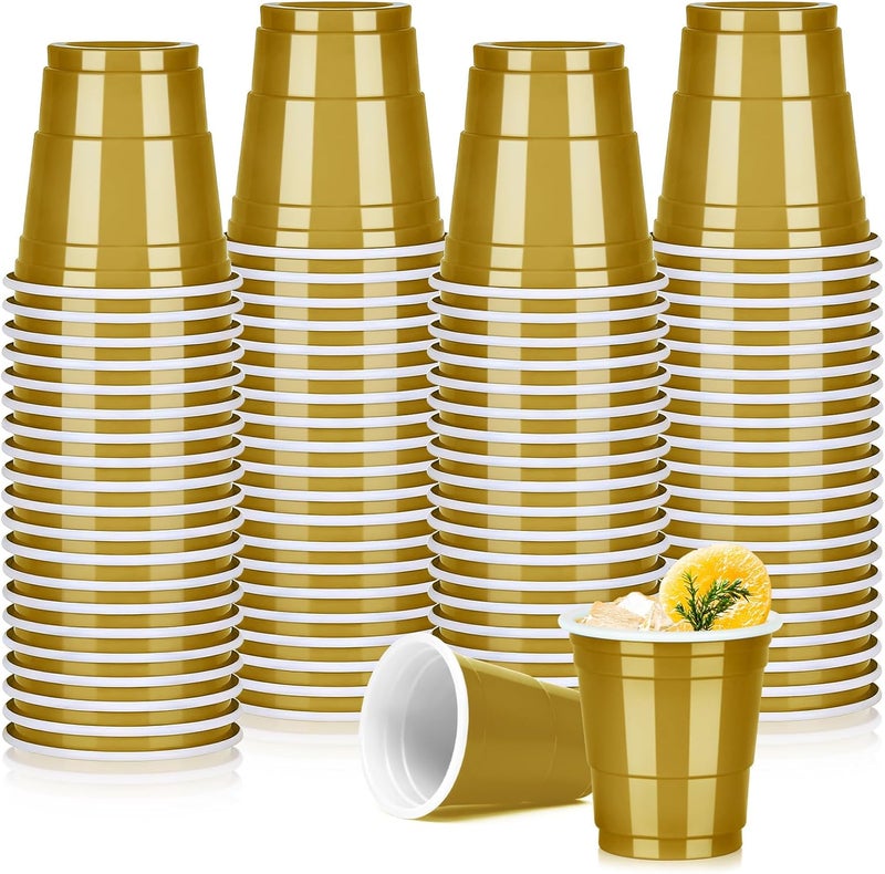 Pineburg 100Pack 2oz Carnival Disposable Shot Glasses, Gold Plastic Shot Glasses, Mini Disposable Cups for Parties Valentine's Day Weddings Graduation Party Games & Events Supplies(Gold) - Image 1